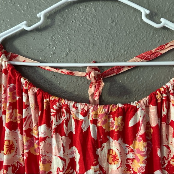 Free People Baja Babe Red Floral Print Tie Back Cold Shoulder Tee Size XS NWT - Picture 5 of 11